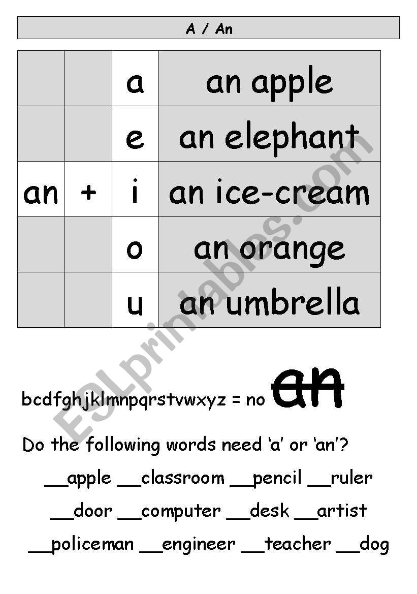 A Vs. An worksheet