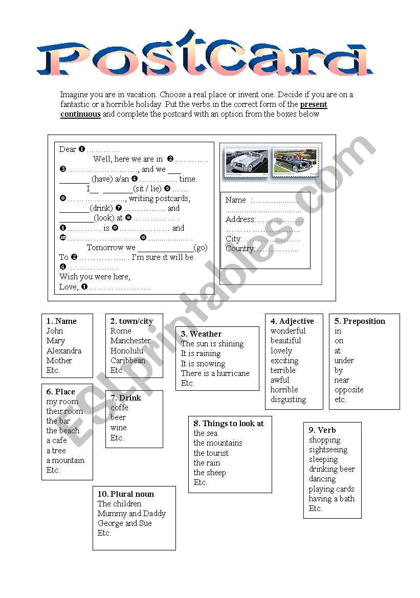 postcard / present continuous worksheet