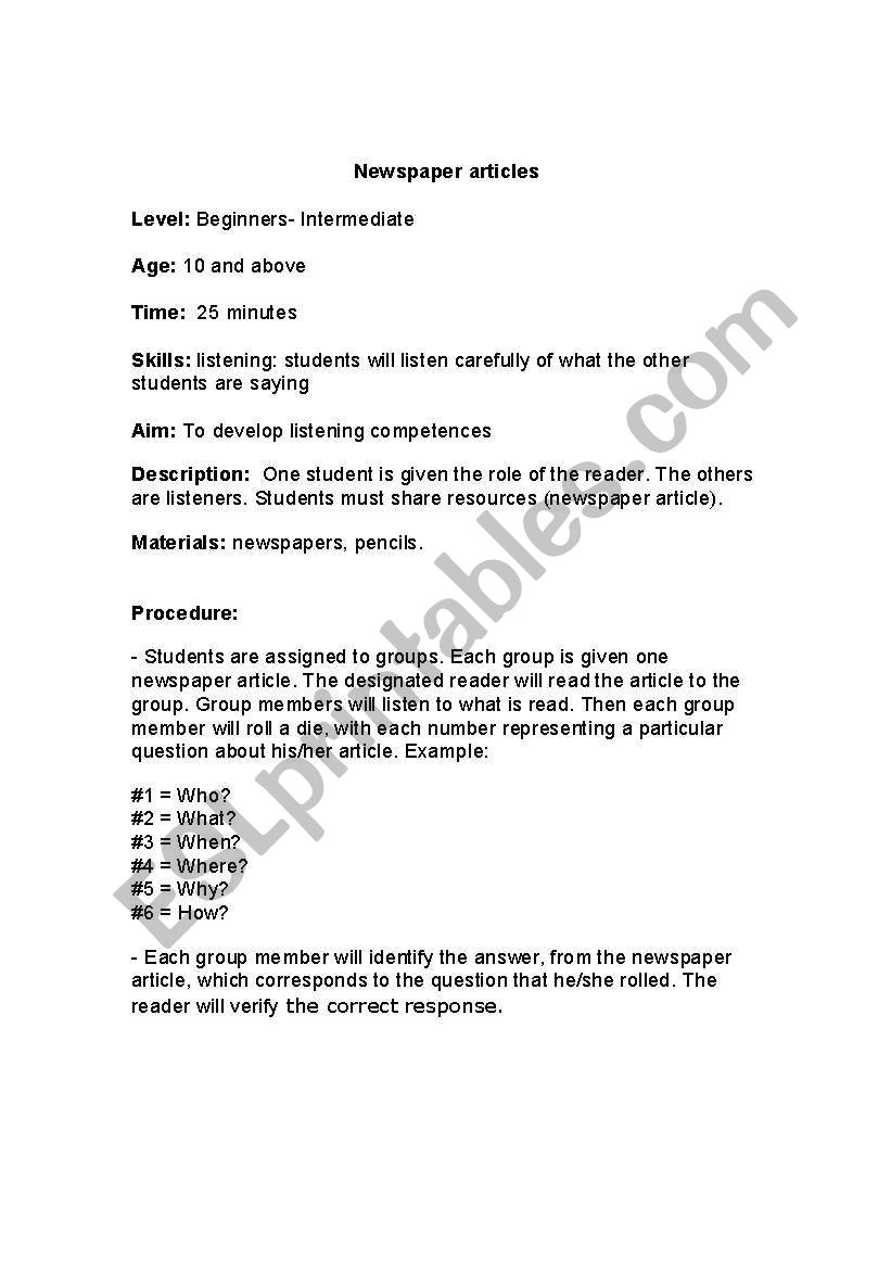 newspaper articles worksheet