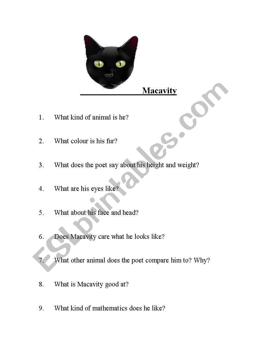 English worksheets: Macavity , the mystery cat by T.S Elliot ...