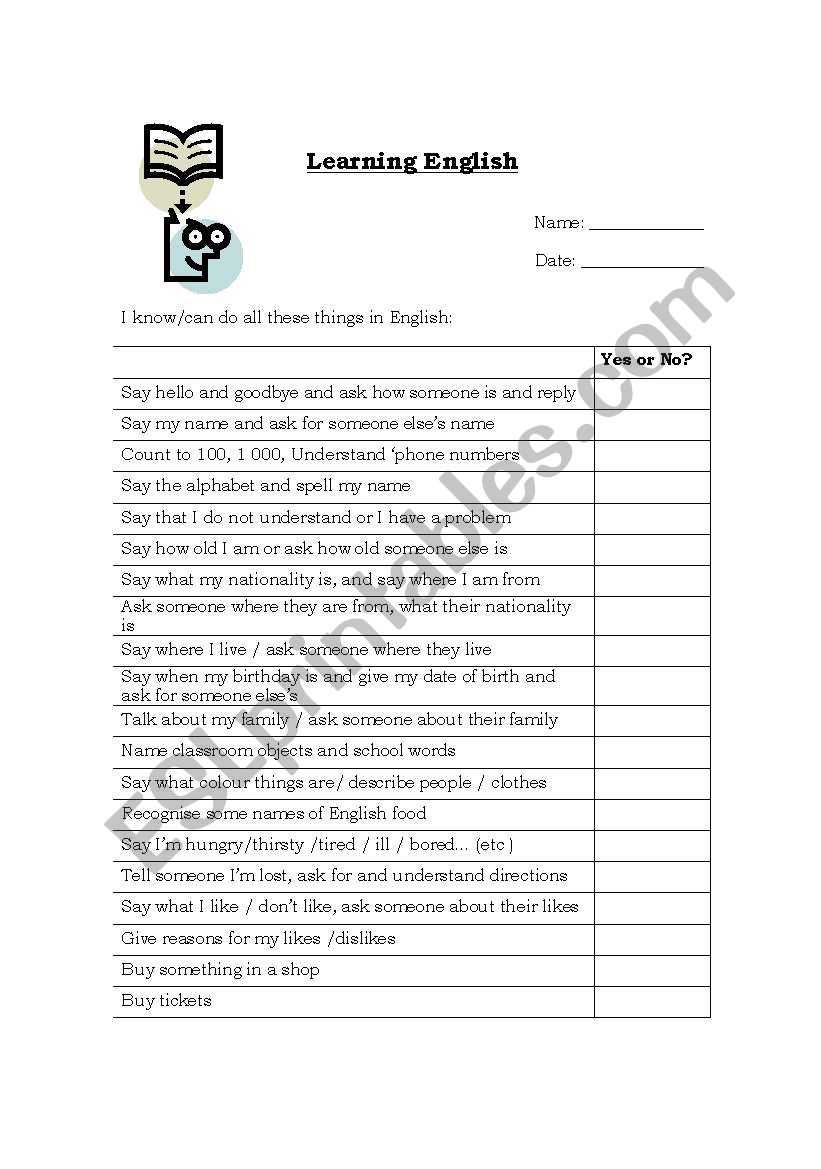 Learning English Student Self Assessment Form ESL Worksheet By Waily