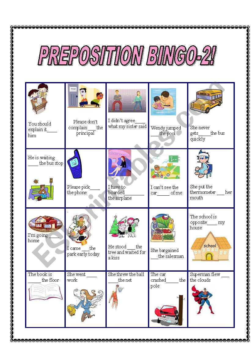 preposition bingo 2 worksheet