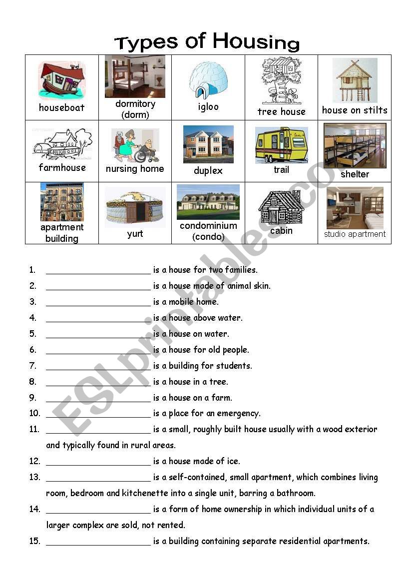 types of housing worksheet