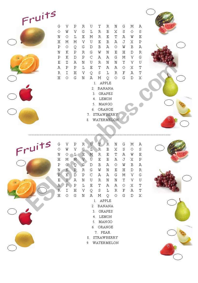 Fruits word search  worksheet