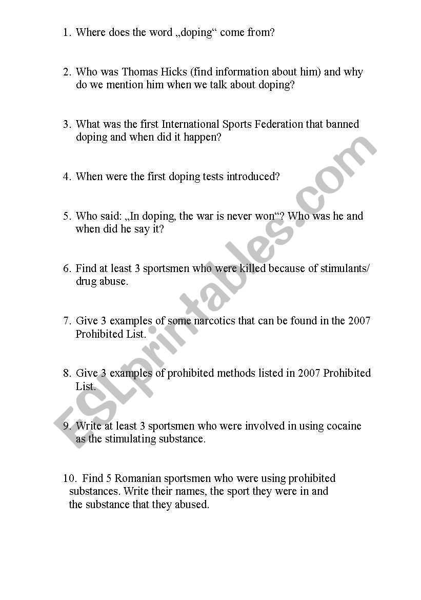 Doping Internet Search worksheet