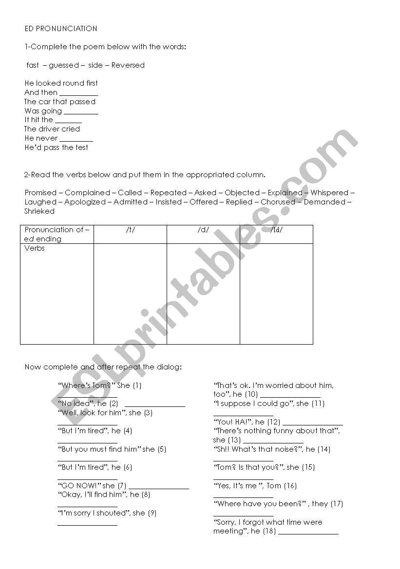 -ed past pronunciation worksheet