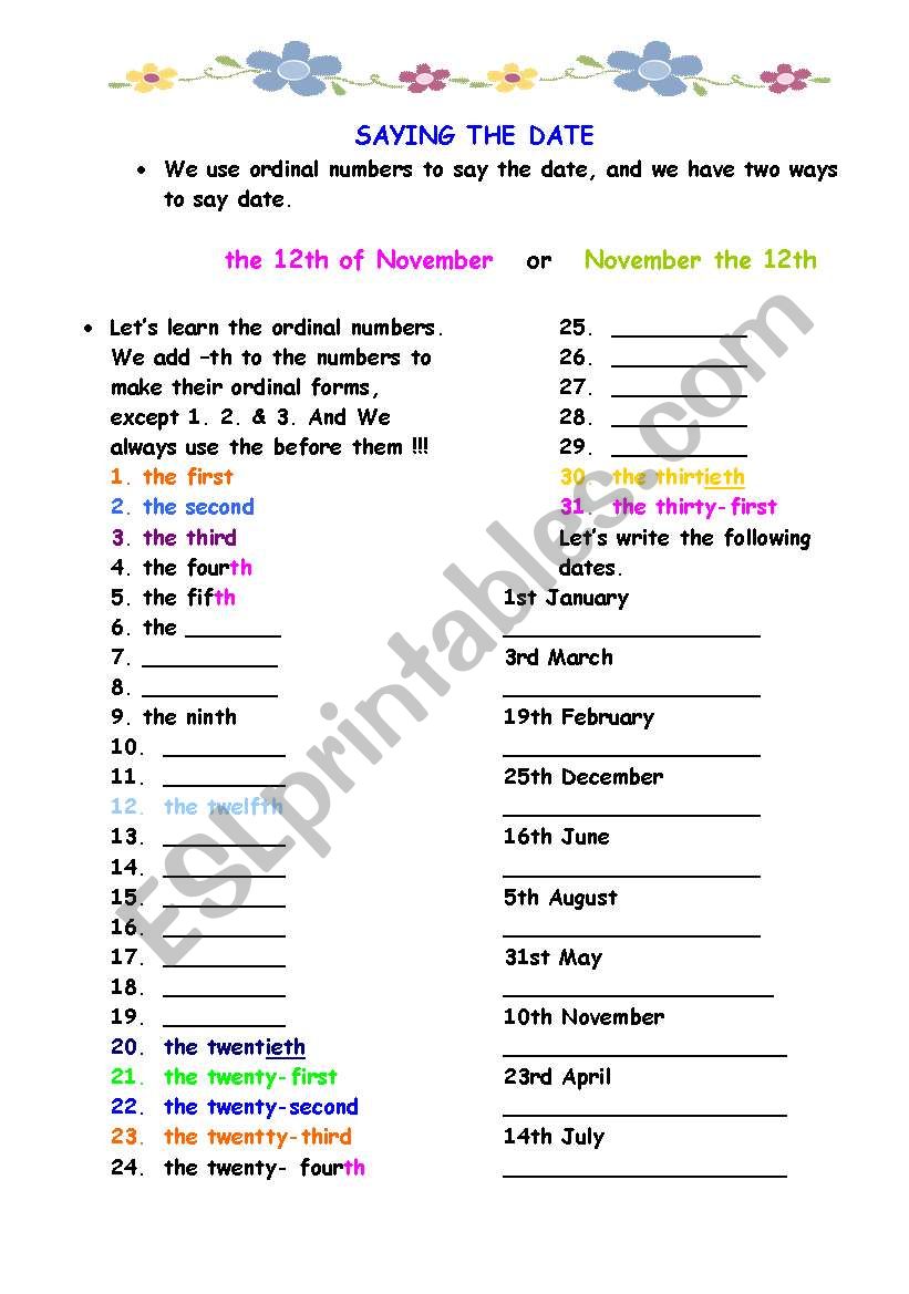 saying the date worksheet