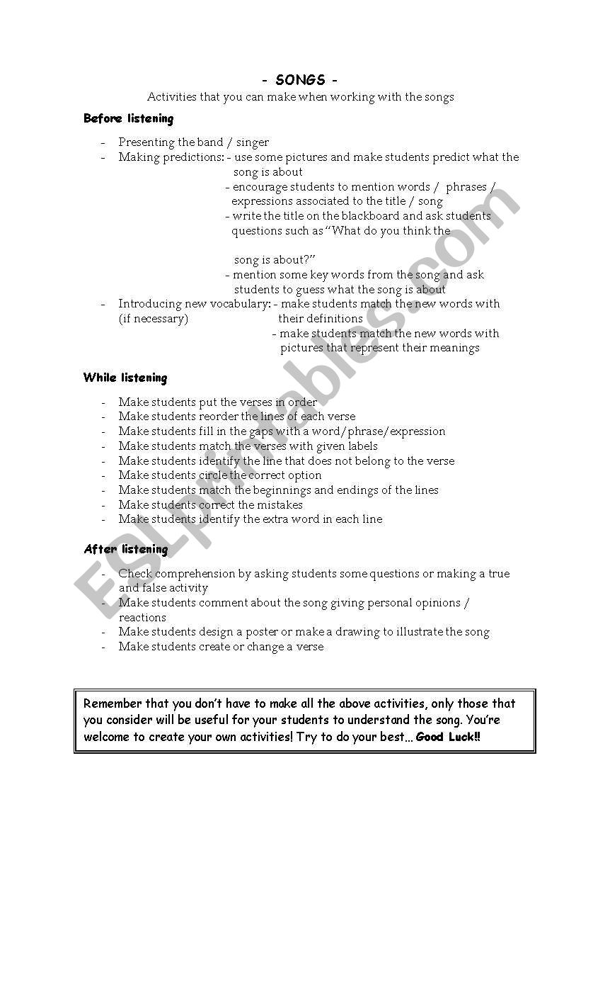 How to work with Songs  worksheet