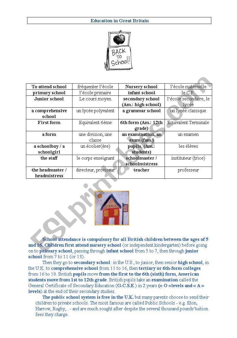 School vocabulary worksheet