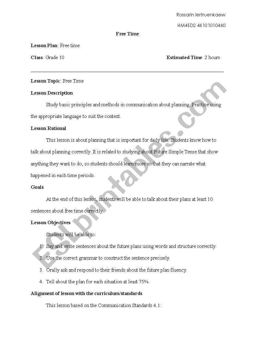 Free time worksheet