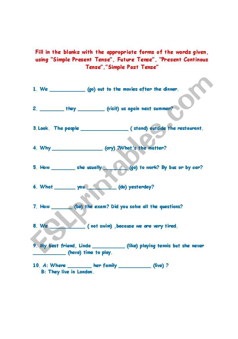 Verb Tense Exercise worksheet