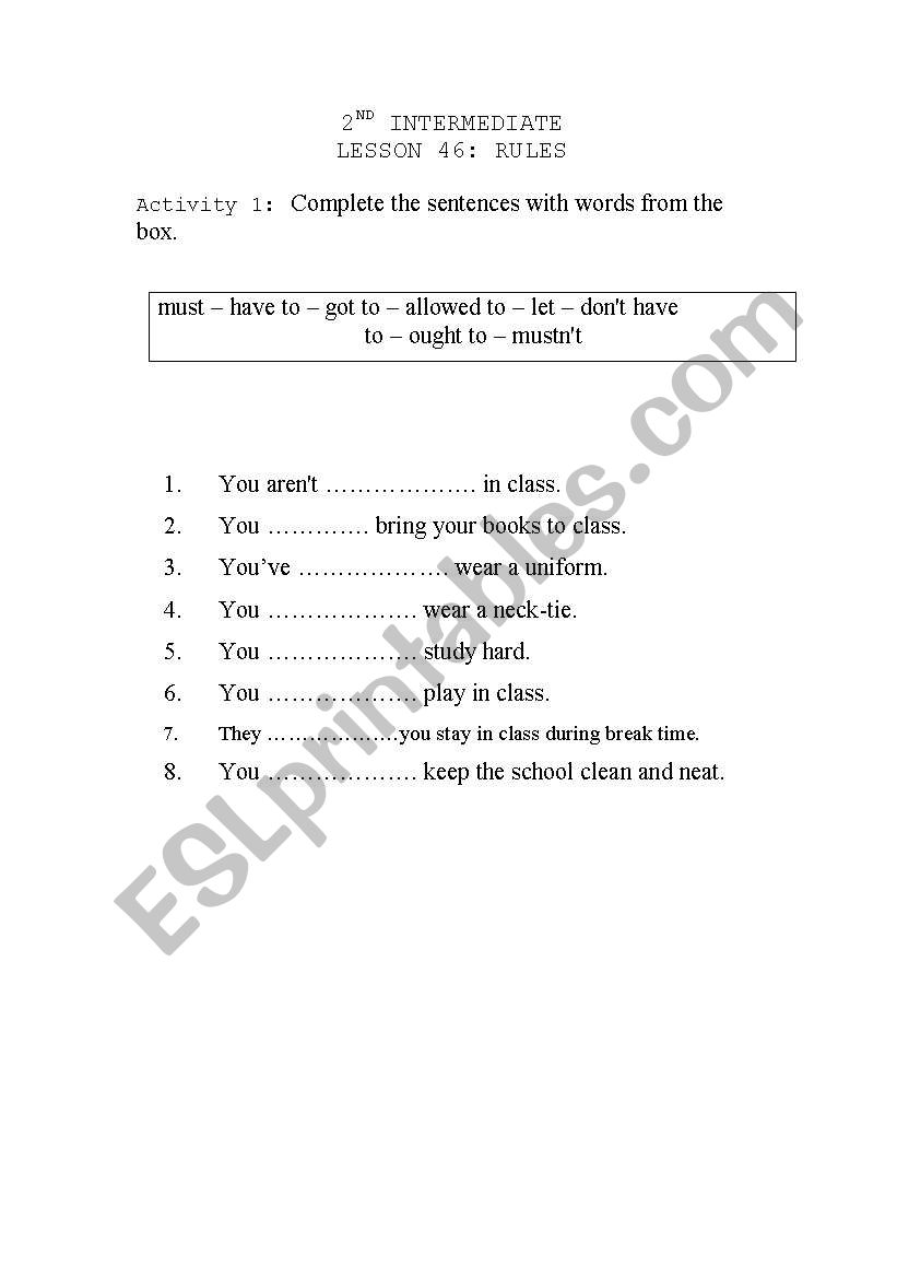 Classroom rules worksheet