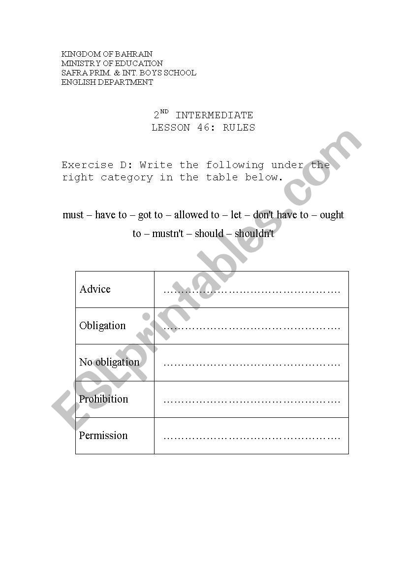 Obligation and permission worksheet