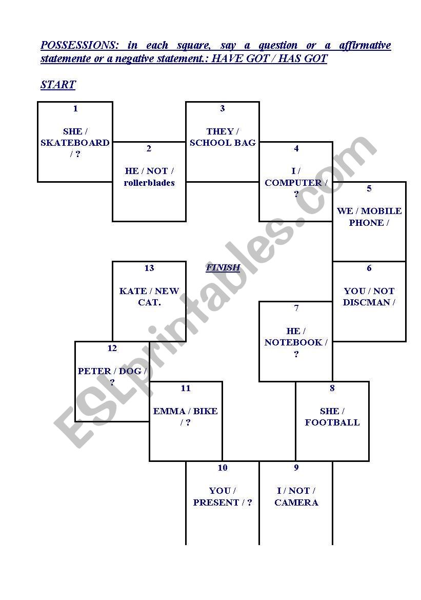 Have got / Has got Board Game worksheet