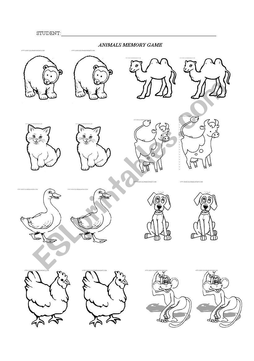 Animals memory game worksheet