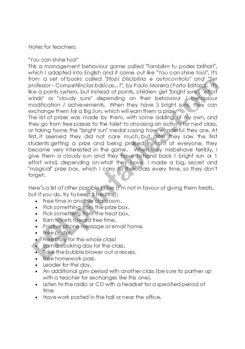 Behaviour managment 1 worksheet