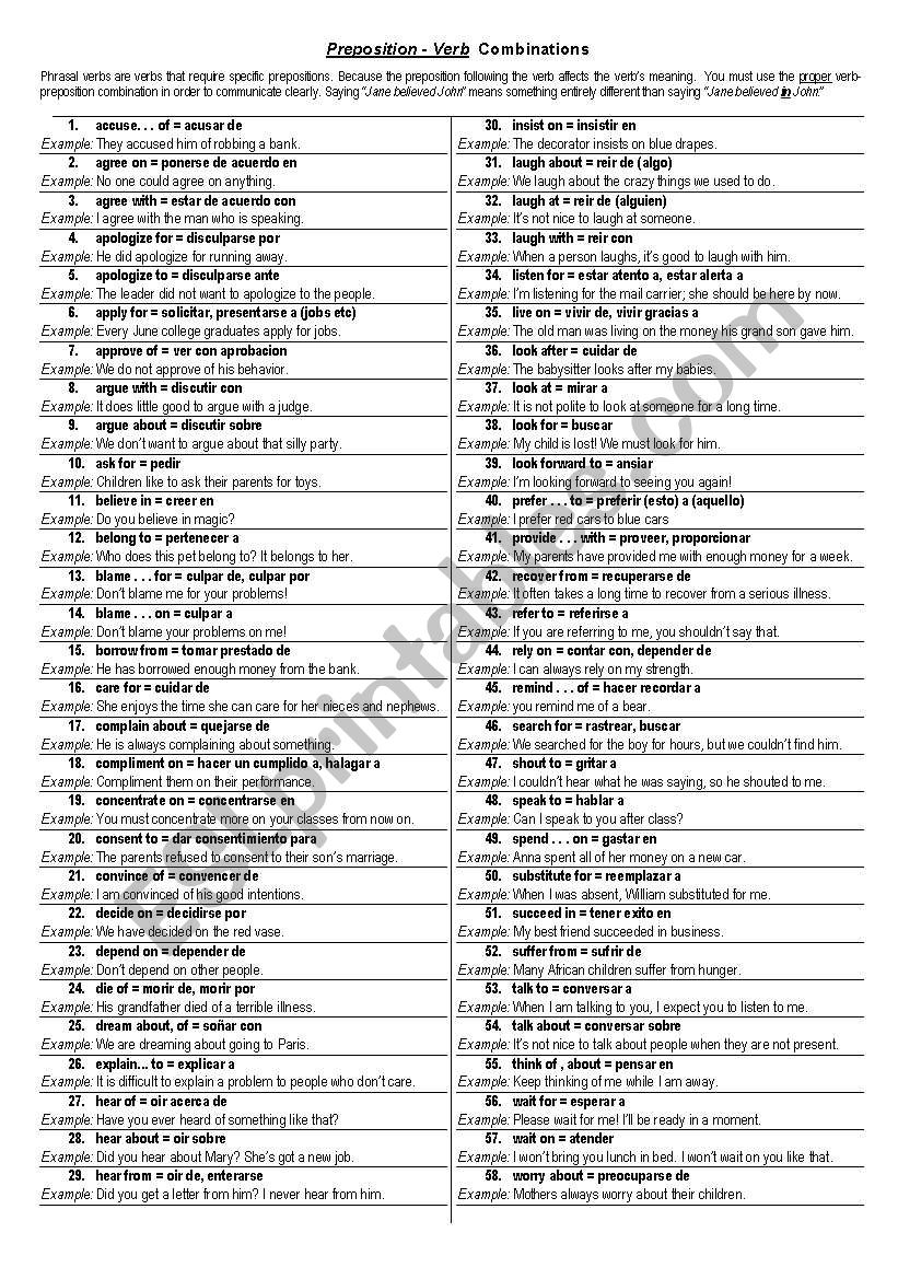 VERB COMBINATIONS worksheet