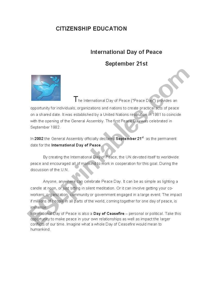 Citizenship Education: International Day of Peace ( woksheet 1)