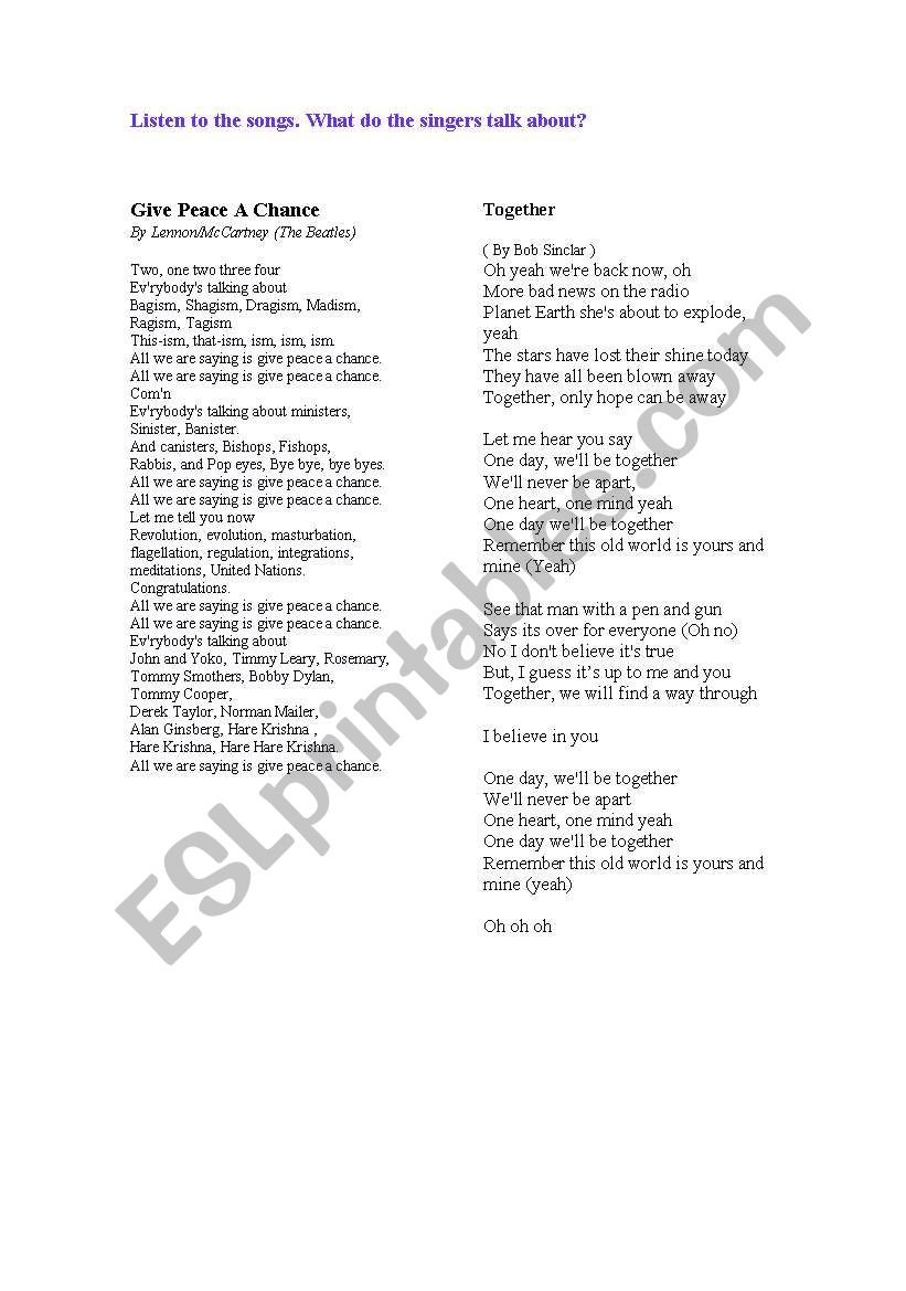 CITIZENSHIP EDUCATION: Songs (worksheet 3)