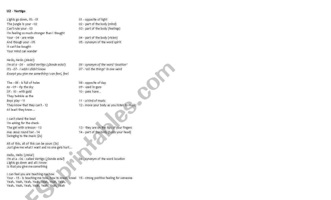 Song: Vertigo - U2 worksheet