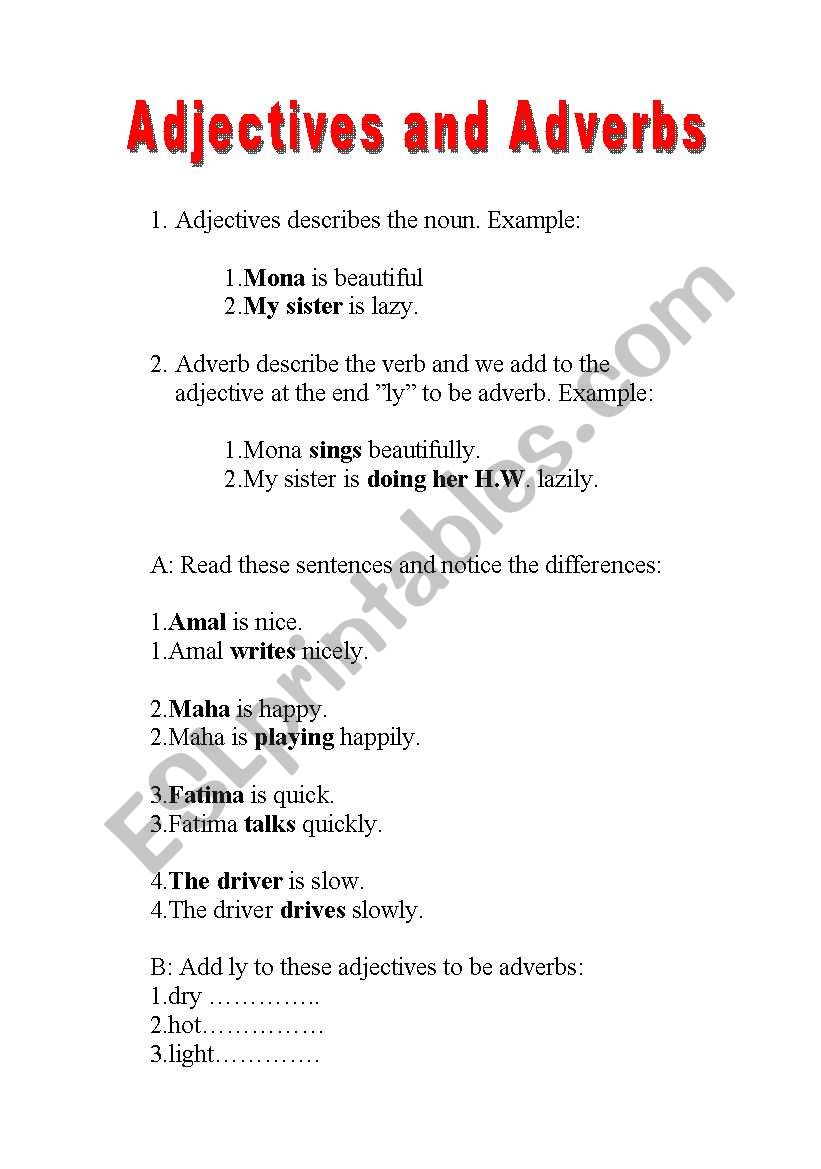 adjective and adverb worksheet