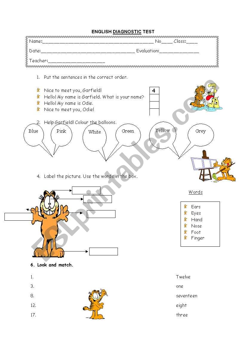 english diagnostic test: presentation, numbers, colours, parts of the body