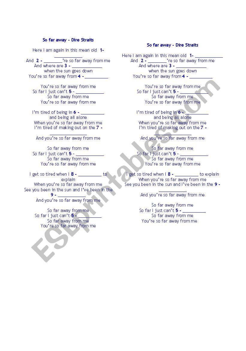 Dire straits - so far away worksheet