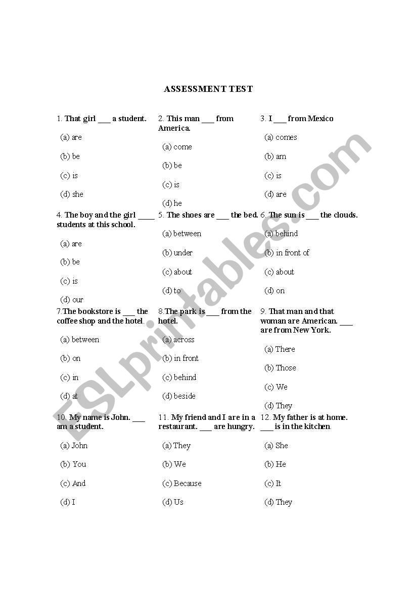 Assessment Test worksheet