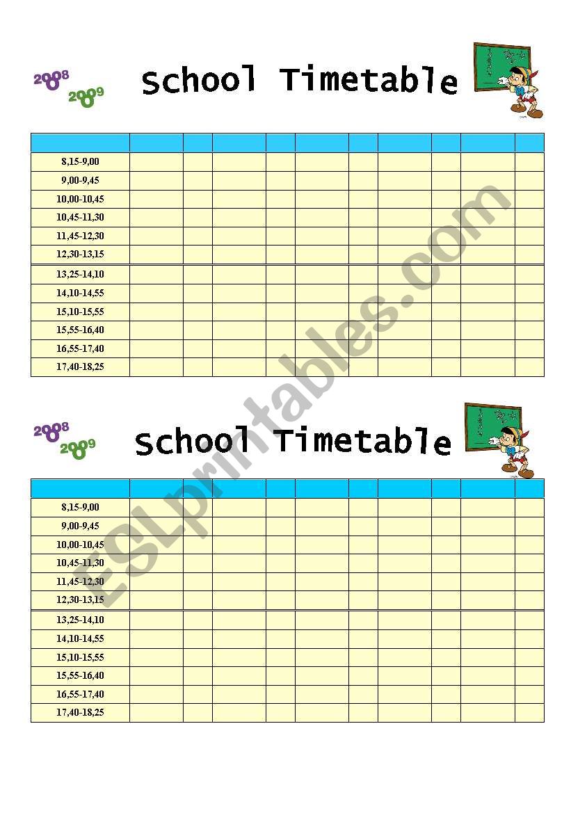 School Timetable worksheet