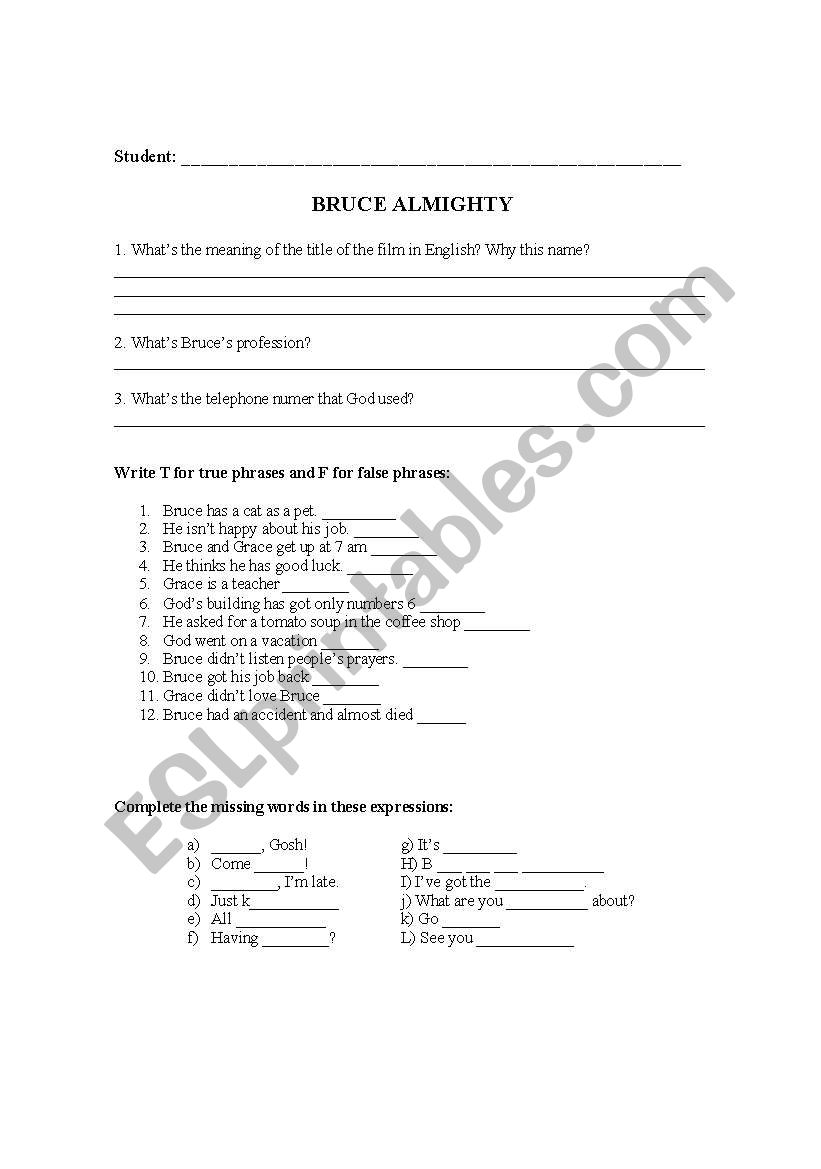 Bruce Almight worksheet