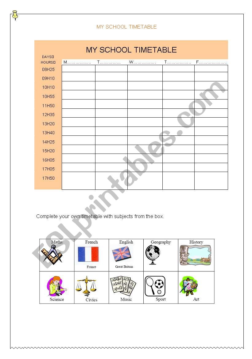 my school timetable worksheet