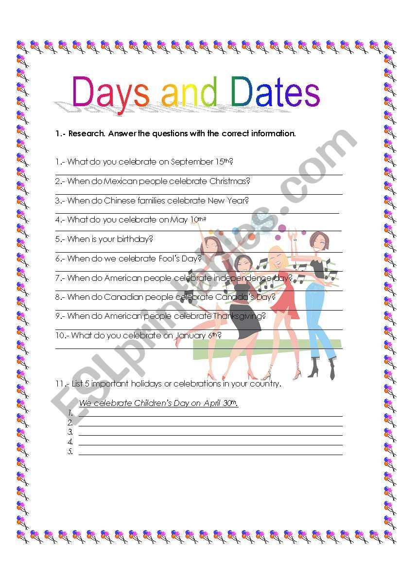 Days and dates worksheet