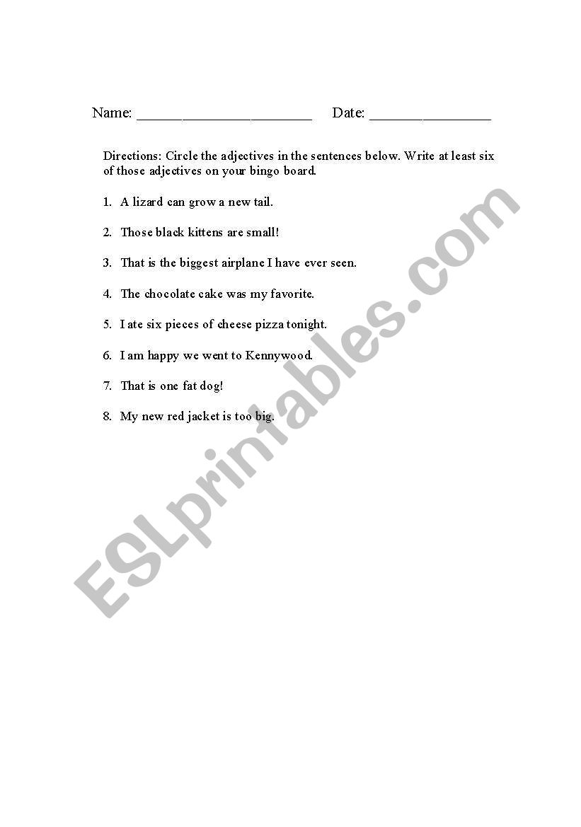 Adjective bingo worksheet