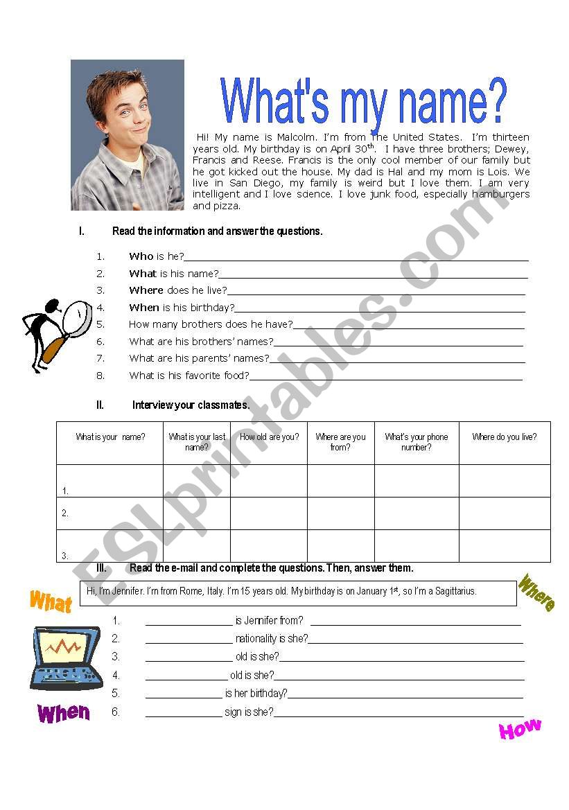 Personal information worksheet