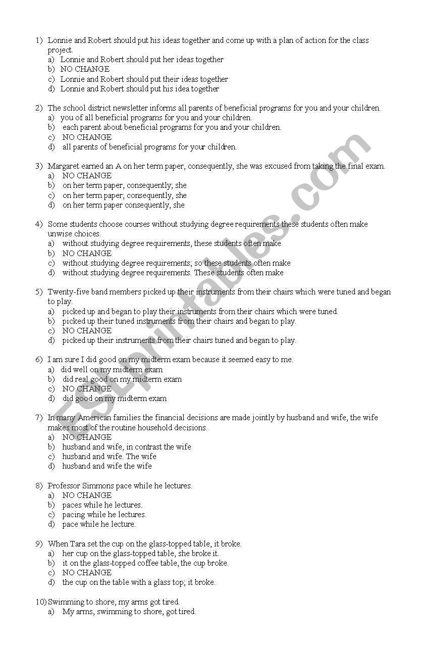 Comprehensive Grammar Exam worksheet