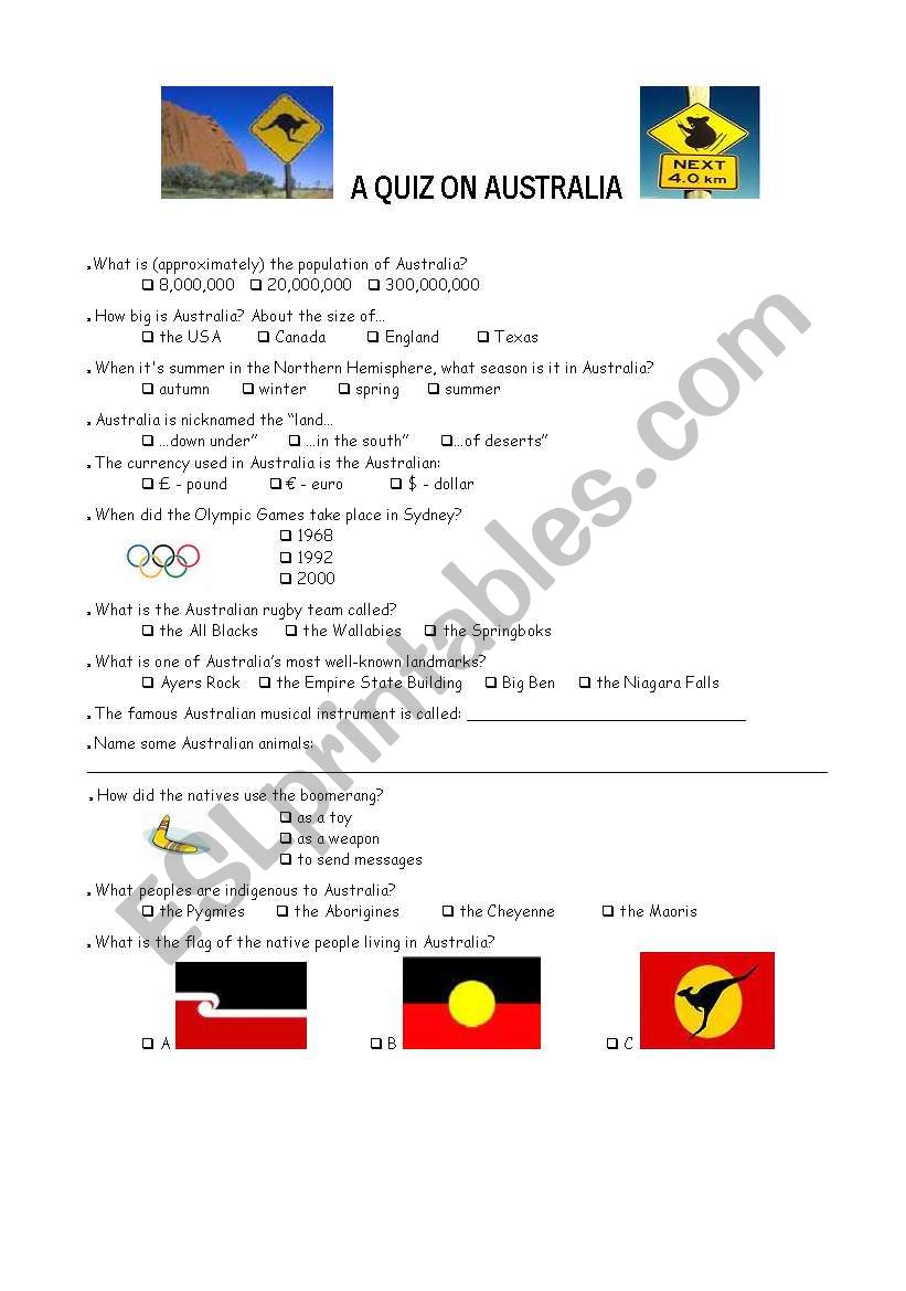 A quiz on Australia worksheet