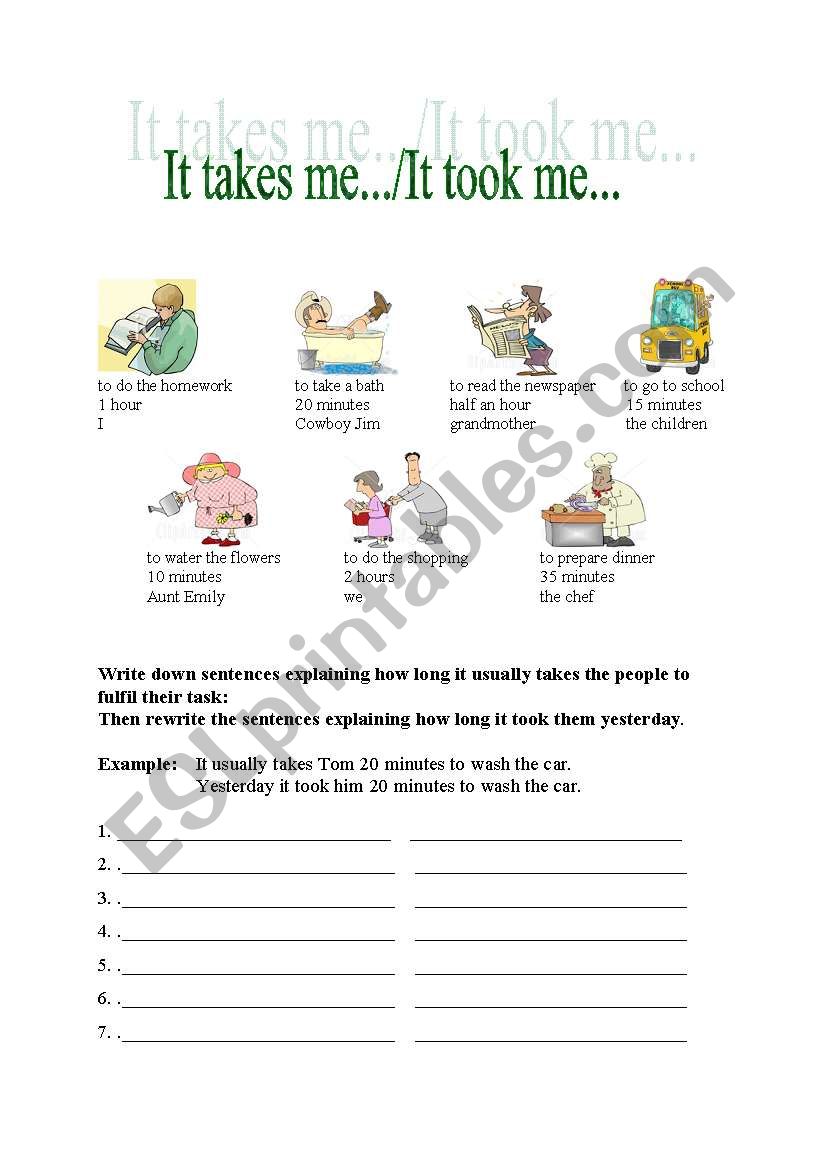 It takes me/it took me worksheet