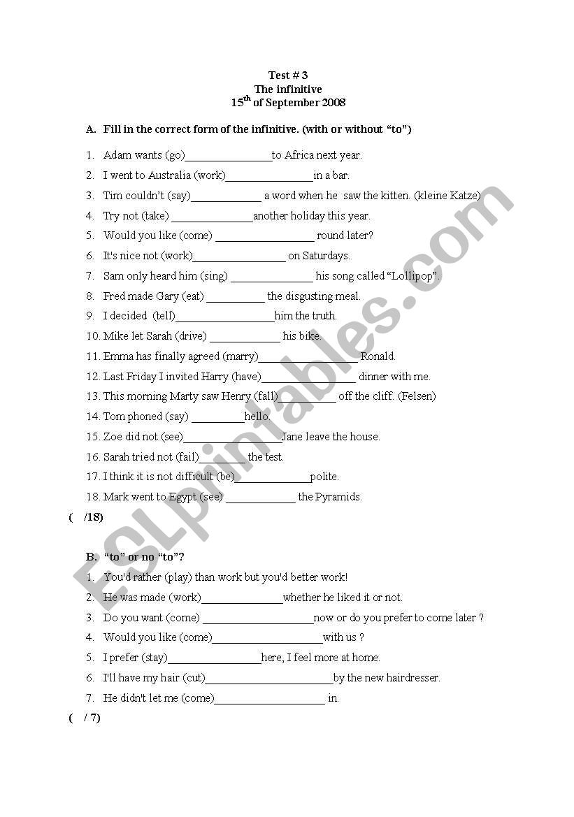The infinitive test #2 worksheet