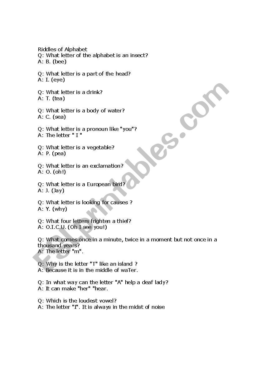 riddles of alphabet worksheet