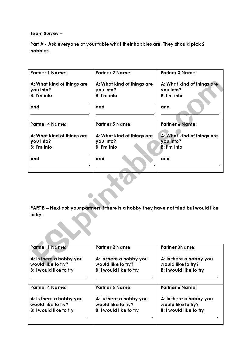 Hobbies worksheet