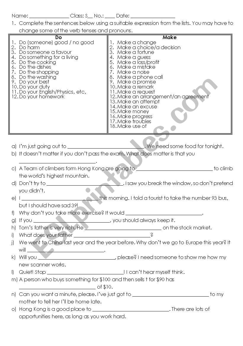 Do and Make worksheet