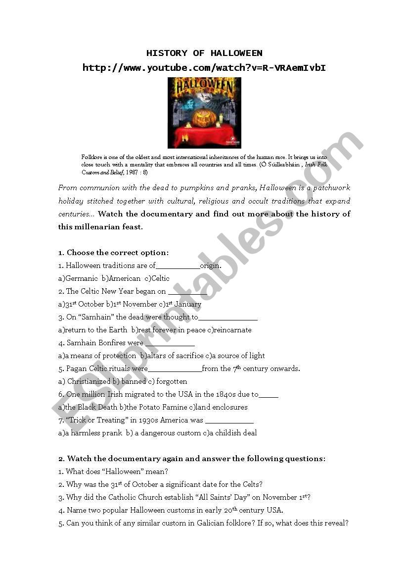 History of Halloween worksheet