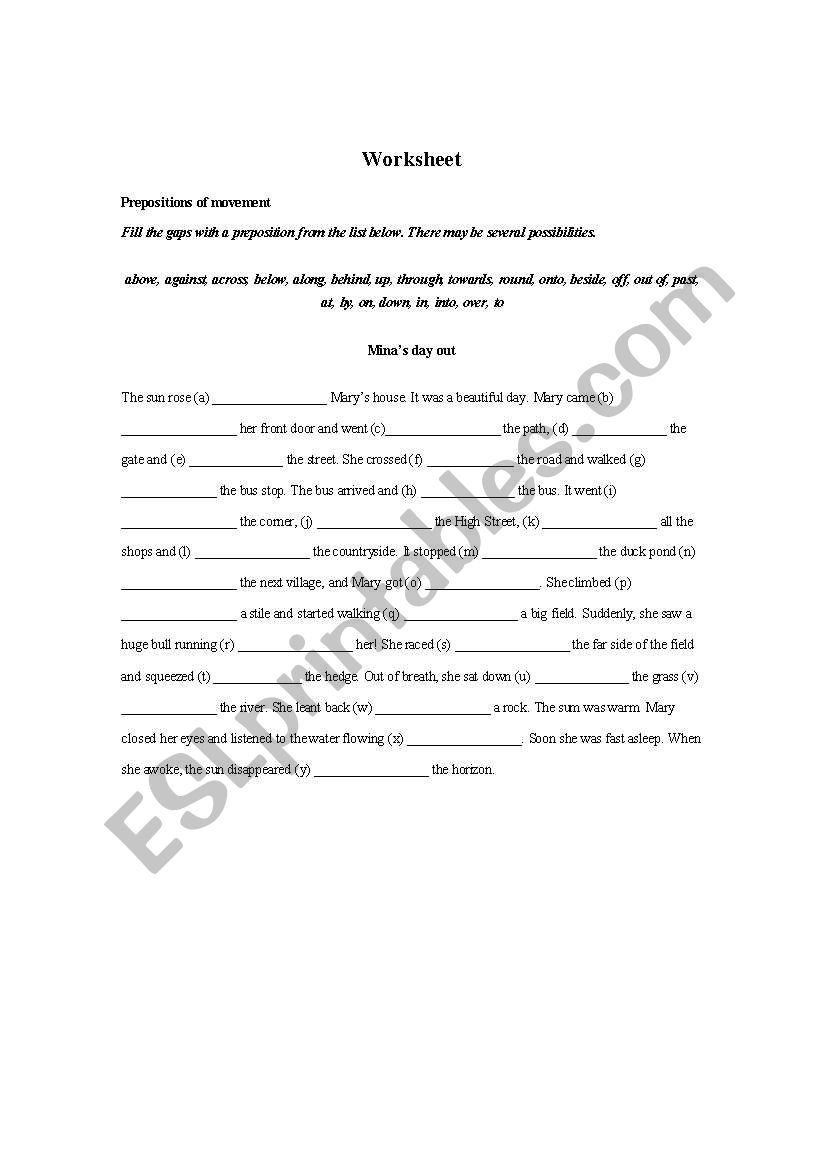 Prepositions of movement worksheet