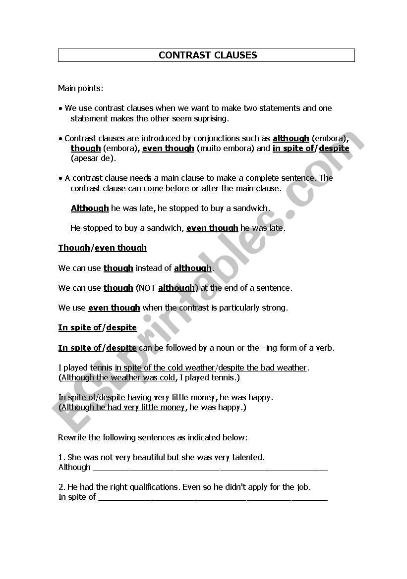 Contrast clauses worksheet