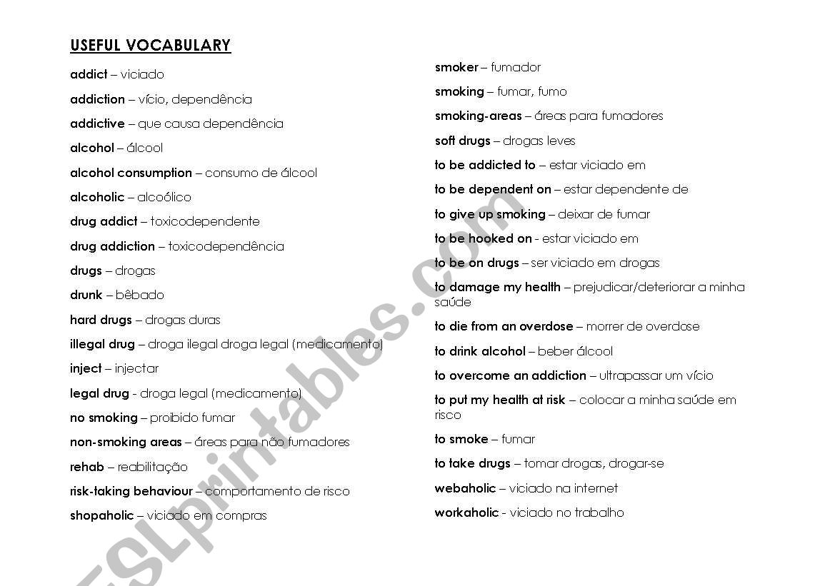 Addictions - useful vocabulary