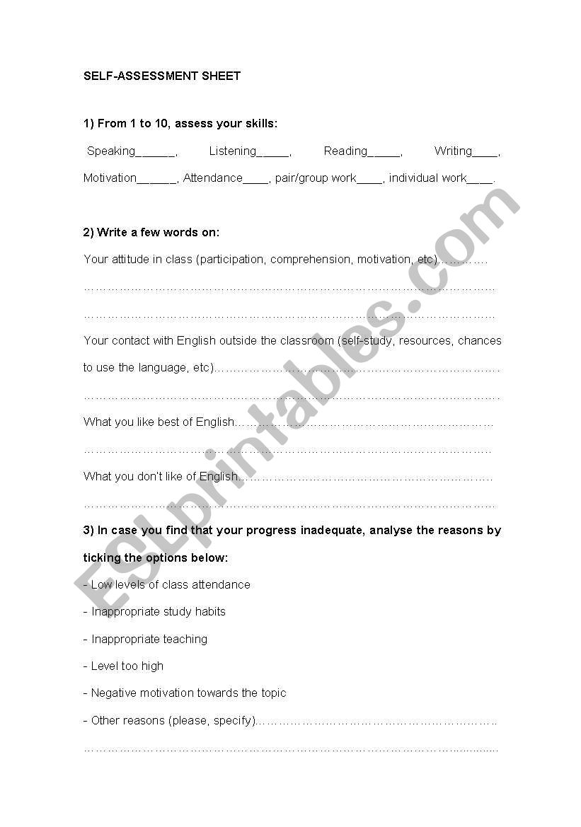 self-assessment sheet worksheet