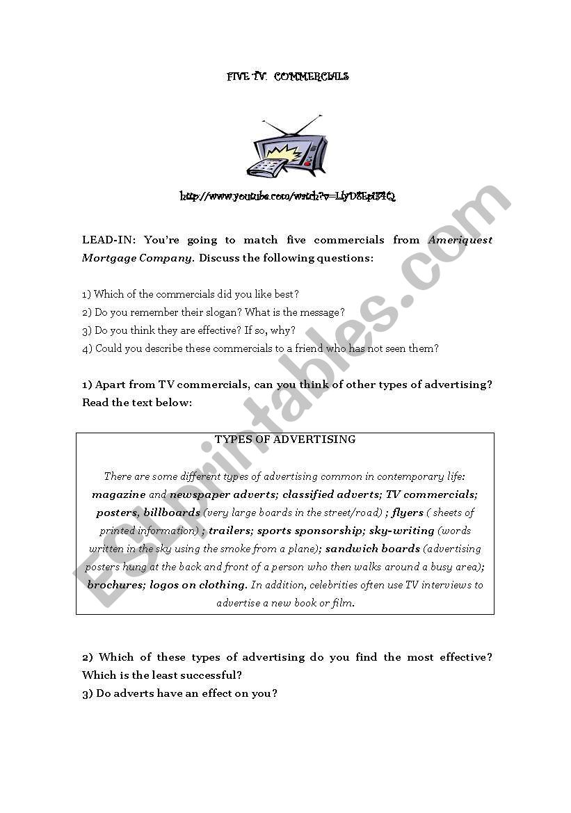 Five funny commercials worksheet