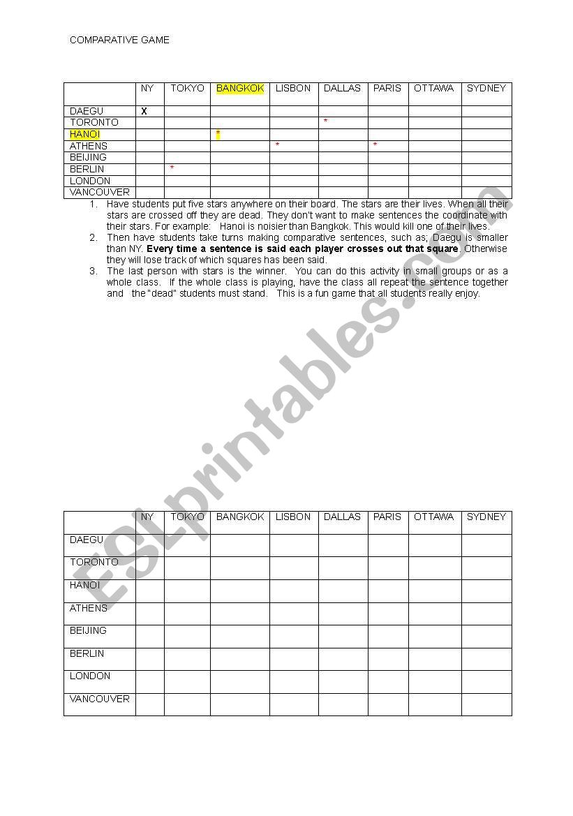 Comparative Game worksheet