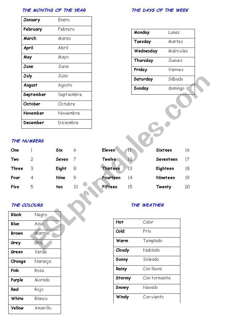 Days, Months, Numbers, Colours, Weather