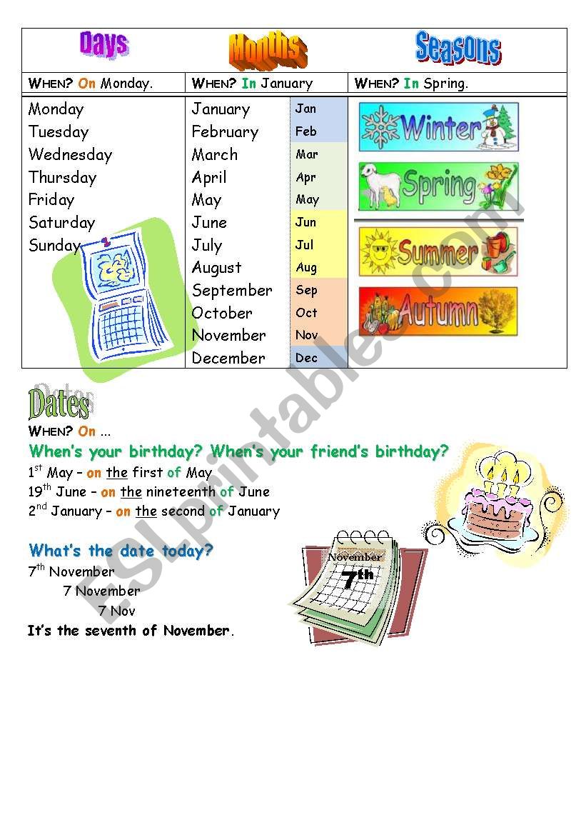 days months seasons date worksheet